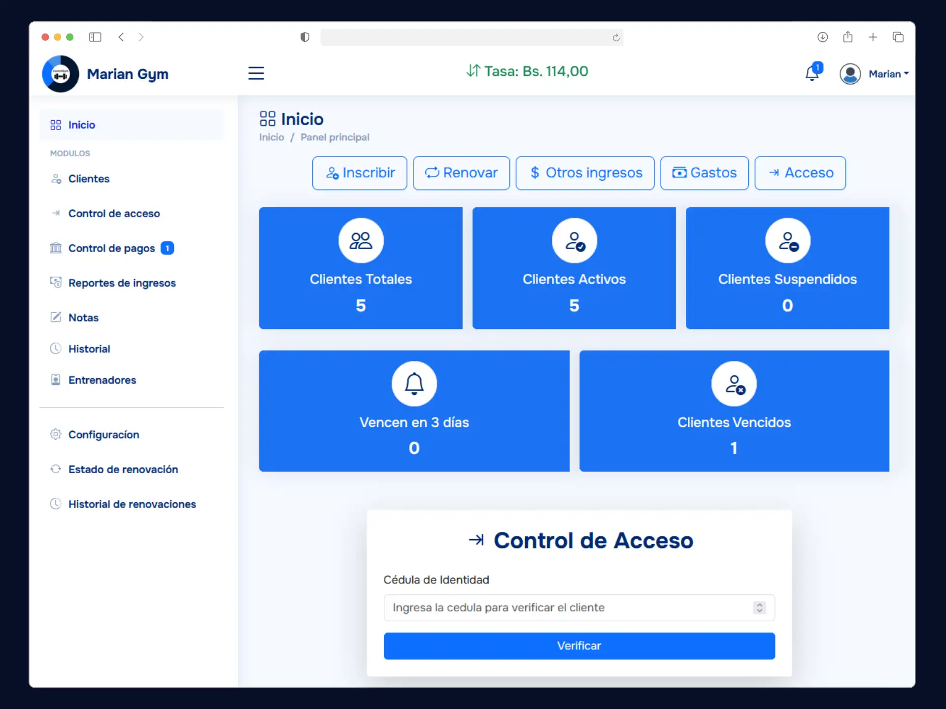 Dashboard del software Control Gym para gimnasios en Venezuela